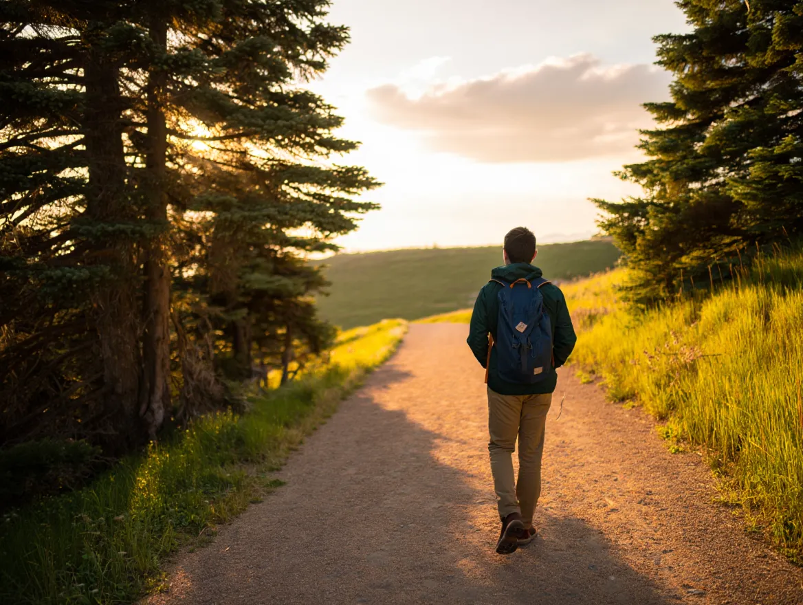 Person walking along a scenic nature path surrounded by trees and rolling hills
